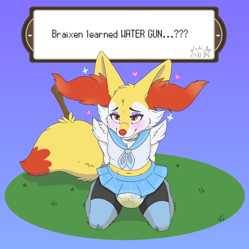 ambiguous_gender anthro blush bodily_fluids bottomwear clothed clothing diaper genital_fluids grass heart_symbol jewelry kneeling legwear makeup necklace plant school_uniform simple_background skirt solo sparkles stick stockings text text_box unclean_diaper uniform urine used_diaper wearing_diaper wet_diaper wetting stargal_galexi nintendo pokemon braixen generation_6_pokemon pokemon_(species) 1:1 english_text hi_res