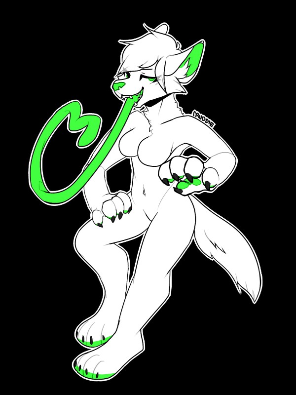 anthro breasts featureless_breasts female fur green_eyes green_paws green_tongue long_tongue looking_at_viewer navel nude solo tongue tongue_out white_body white_fur cruddi vix canid canine fox mammal 3:4 alpha_channel hi_res signature