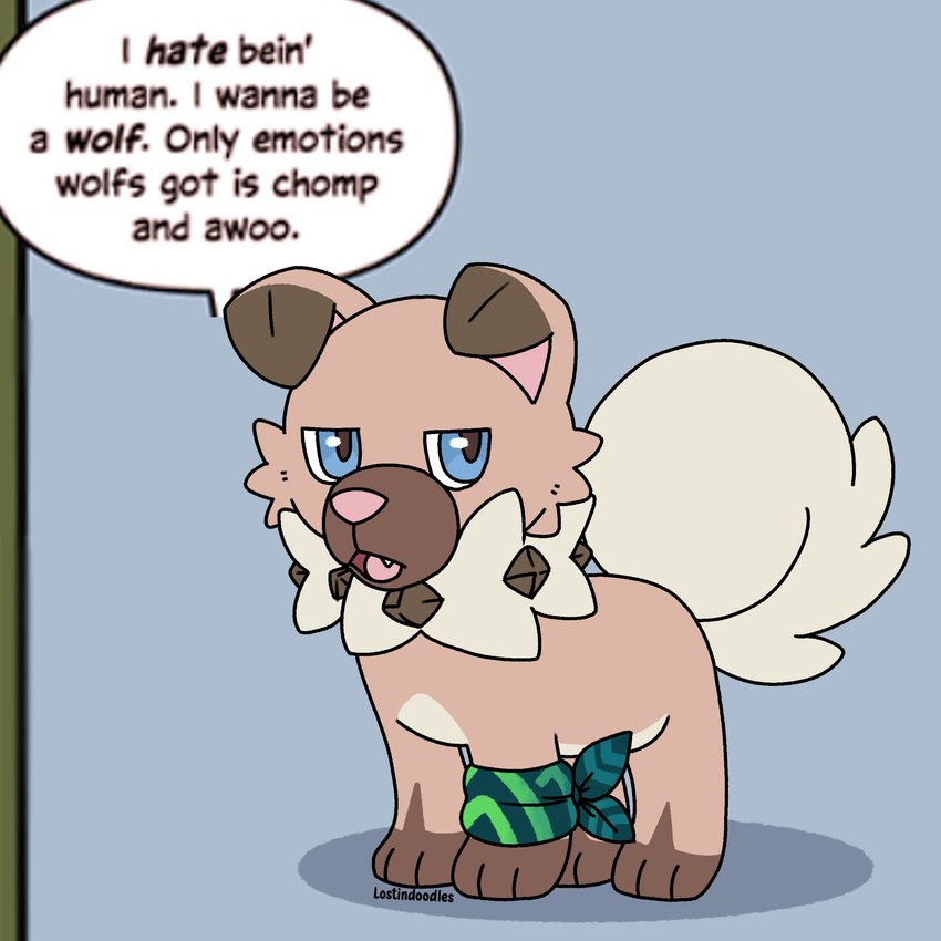 ambiguous_gender armband blue_eyes brown_body brown_fur feral fur implied_transformation looking_at_viewer open_mouth shadow sharp_teeth solo speech_bubble tan_body tan_fur teeth text lostindoodles nintendo pokemon pokemon_mystery_dungeon spike_chunsoft canid canine generation_7_pokemon mammal pokemon_(species) rockruff 1:1 absurd_res english_text hi_res signature