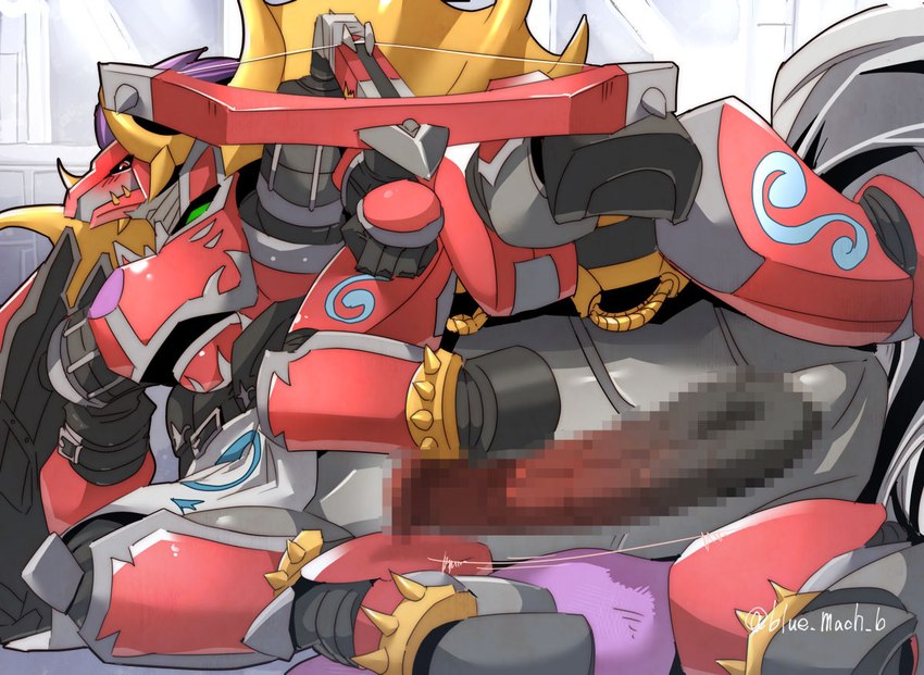 armor arrow_(weapon) blush erection genitals hair lying male on_side penis pupils purple_hair ranged_weapon red_eyes shield solo weapon blue_mach_b bandai_namco digimon digimon_(species) digimon_taur equid equine kentaurosmon mammal taur 2022 censored colored mosaic_censorship signature