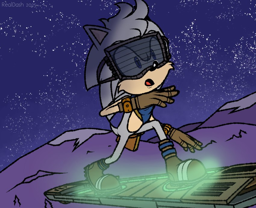 anthro bandage blue_eyes boots clothing extreme_gear eyewear flying footwear gloves goggles grey_body handwear headgear headwear hoverboard kerchief male mountain neckerchief neckwear night open_mouth satchel shoes sky slicked_back_hair solo standing surprised_expression tail tan_arms realdash sega sonic_the_hedgehog_(series) storm_the_hedgehog_(realdash) eulipotyphlan hedgehog mammal 2025 digital_media_(artwork) magma_(artwork) signature