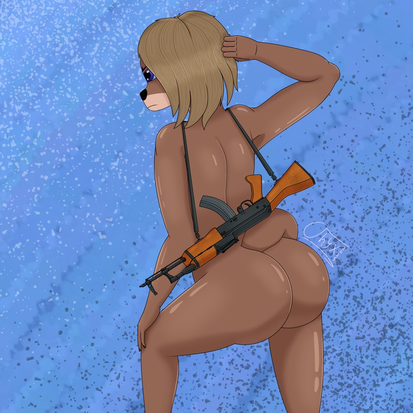 ak-47 ak_platform anthro assault_rifle big_butt blue_eyes brown_body brown_fur brown_hair butt female fur gun hair latex latex_body latex_skin looking_away nude raised_leg ranged_weapon rear_view rifle solo straps tail tail_aside thick_thighs weapon onyxmeow fan_character mammal mustelid otter 1:1 absurd_res hi_res