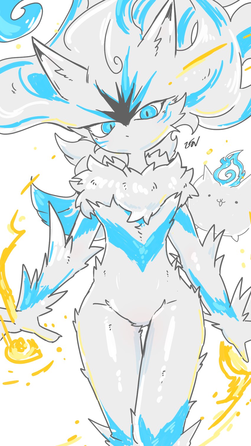 :3 ambiguous_gender anthro arm_tuft blue_body blue_fur cheek_tuft chest_tuft dot_eyes elemental_manipulation facial_tuft feminine feminine_pose fire fire_manipulation flowing_hair fluffy fluffy_chest fur fur_markings hair inner_ear_fluff knee_tuft leg_tuft looking_at_viewer markings open_mouth pose round_body simple_background simple_eyes solo thigh_gap thigh_tuft tuft waist_tuft white_body white_fur u-naduki ponos_corp. the_battle_cats basic_cat phonoa felid feline felis mammal 2024 9:16 digital_drawing_(artwork) digital_media_(artwork) hi_res signature unavailable_at_source