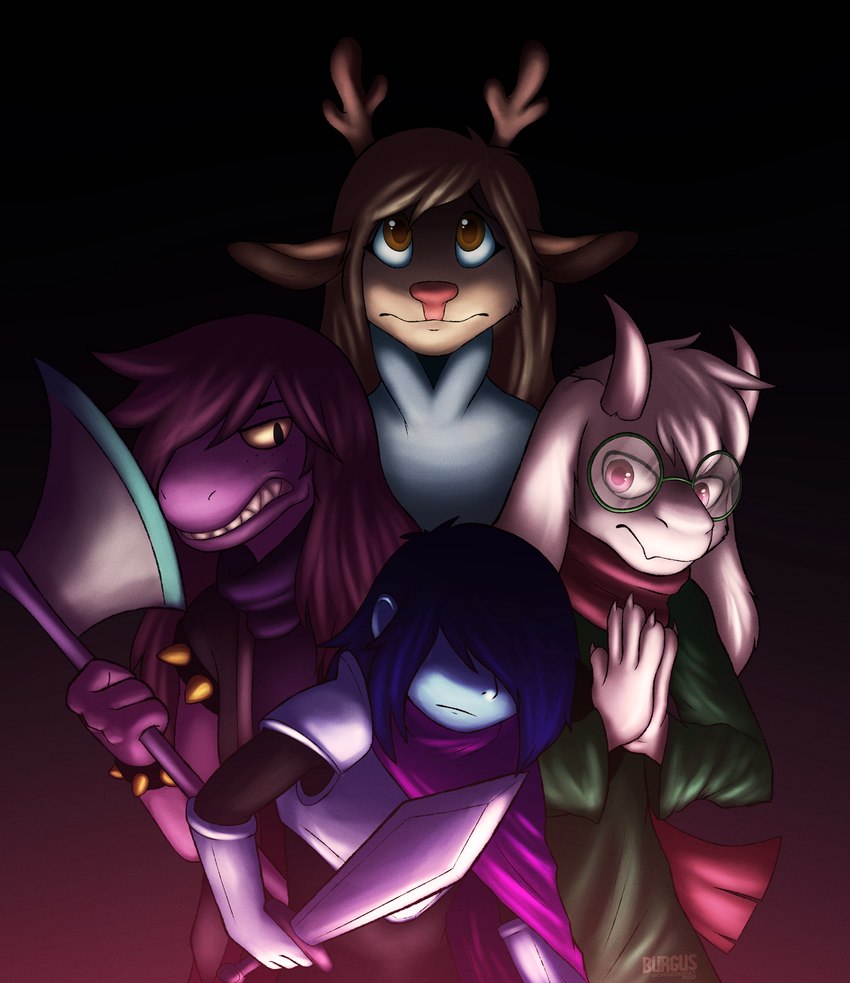 ambiguous_gender anthro antlers armor axe brown_eyes cape clenched_teeth clothed clothing dress emo_haircut eyewear female fighting_pose fur glasses group hair horn long_hair male melee_weapon pink_eyes pose praying pupils robe scarf slit_pupils snarling spikes sword teeth weapon white_body white_fur chozogoat deltarune undertale_(series) kris_(deltarune) noelle_holiday ralsei susie_(deltarune) bovid caprine deer goat human mammal monster scalie absurd_res hi_res shaded