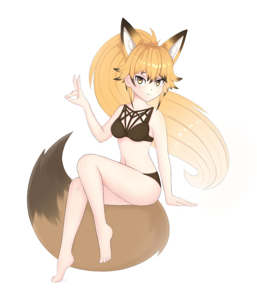 amber_eyes bikini blonde_hair bottomwear bra clothing female gesture hair hand_gesture kemono long_hair simple_background solo swimwear two-piece_swimsuit underwear tanatos_aaa kemono_friends ezo_red_fox_(kemono_friends) animal_humanoid canid canine ezo_red_fox fox humanoid mammal red_fox true_fox full-length_portrait hi_res portrait