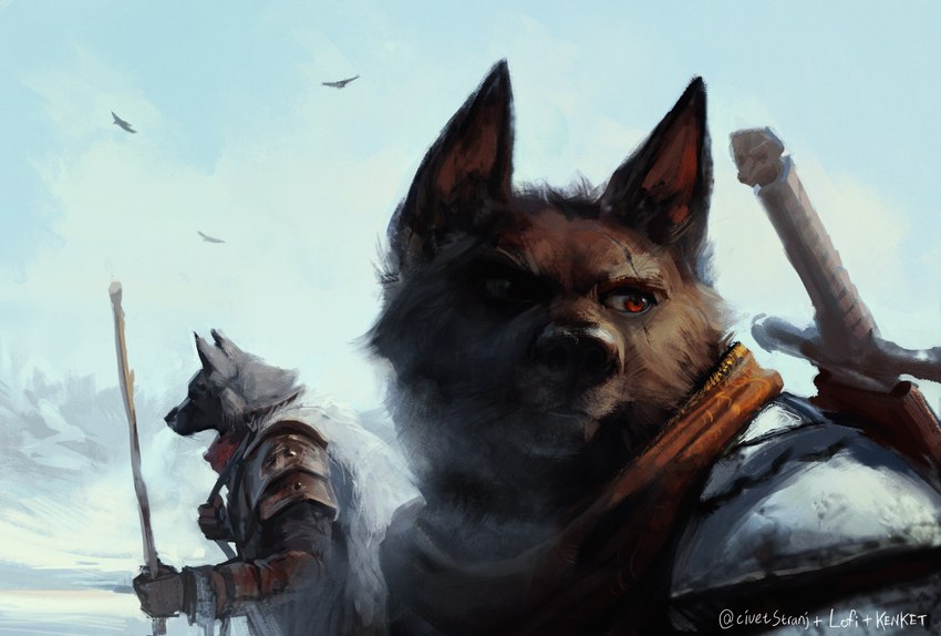 anthro armor black_nose breath brown_body brown_fur cloak clothed clothing duo eye_scar facial_scar fur grey_body grey_fur holding_object male melee_weapon outside red_eyes scar scarf sky solo_focus sword walking_stick weapon civetstranj kenket lofi canid canine mammal 2017 absurd_res artist_collaboration hi_res signature