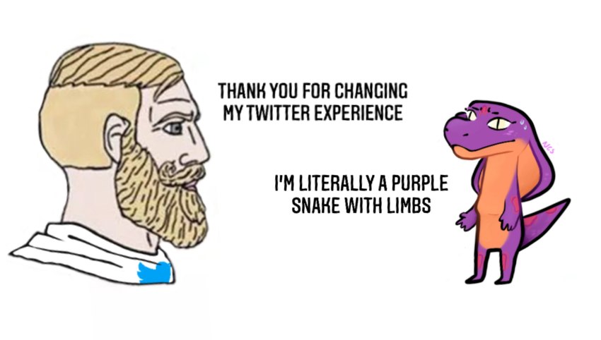 anthro beard blonde_beard blonde_eyebrows blonde_facial_hair blonde_hair blonde_mustache countershading dialogue duo eyebrows facial_hair female hair male mustache purple_body snake_hood standing text the_truth ncs chad_(meme) twitter yes_chad keeshee human mammal reptile scalie snake 2020 english_text hi_res meme reaction_image