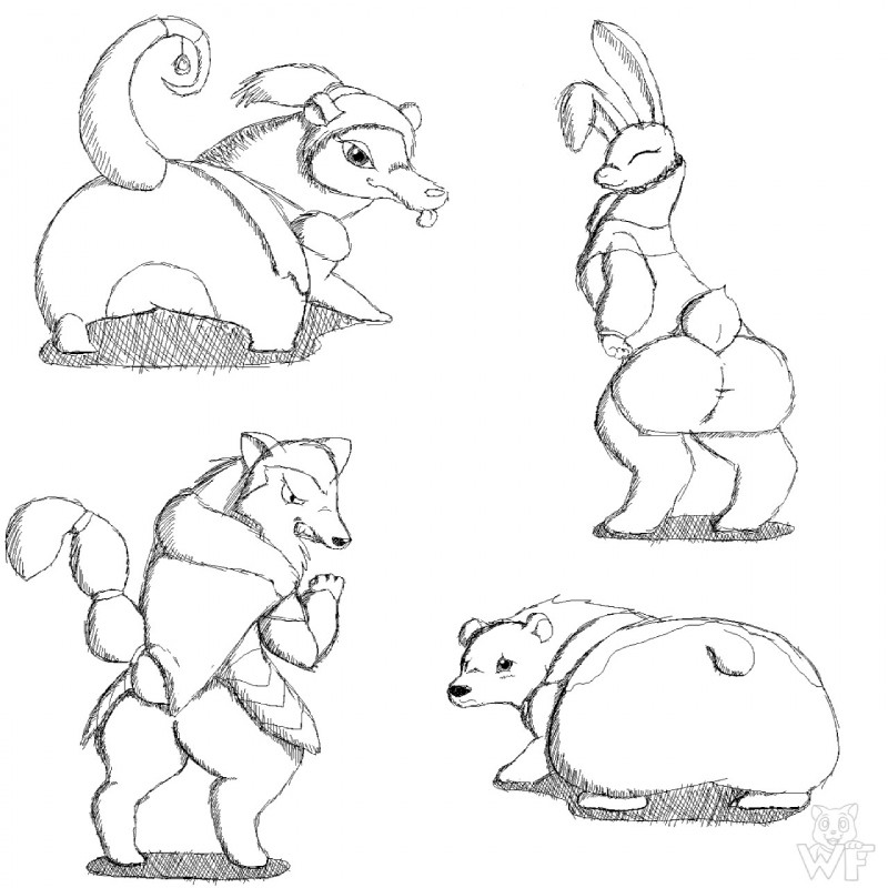 angry anthro armor buckteeth butt clothed clothing eyes_closed featureless_crotch female frown group half-closed_eyes looking_at_viewer looking_back narrowed_eyes partially_clothed smile teeth tongue tongue_out wafflefox armello league_of_geeks amber_(armello) river_(armello) sana_(armello) zosha_(armello) bear canid canine canis lagomorph leporid mammal murid murine rabbit rat rodent wolf 1:1 hi_res monochrome sketch