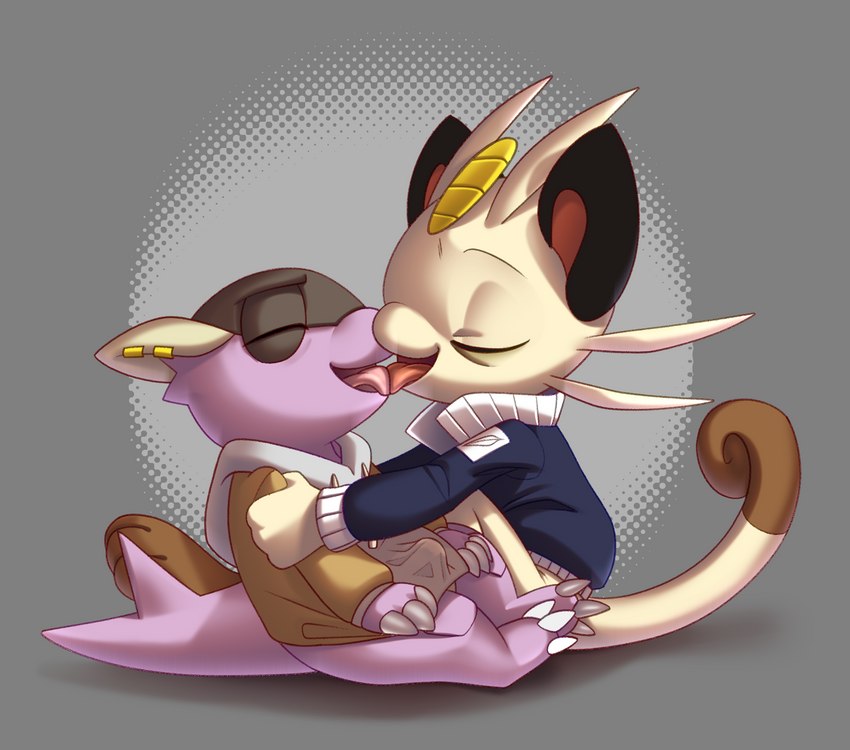 clothing duo french_kissing hiding_erection hoodie jacket kissing licking_tongue male male/male open_mouth simple_background tongue tongue_out topwear cubow nintendo pokemon jesse_khan tay_vee generation_1_pokemon generation_6_pokemon mega_evolution mega_kangaskhan meowth pokemon_(species) shiny_pokemon absurd_res hi_res