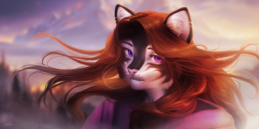 anthro city cityscape ear_piercing ear_ring felind female piercing ring_piercing solo stripes sunset windswept_hair rrrs avora_kuma domestic_cat felid feline felis mammal pantherine tiger 2:1 bust_portrait hi_res portrait