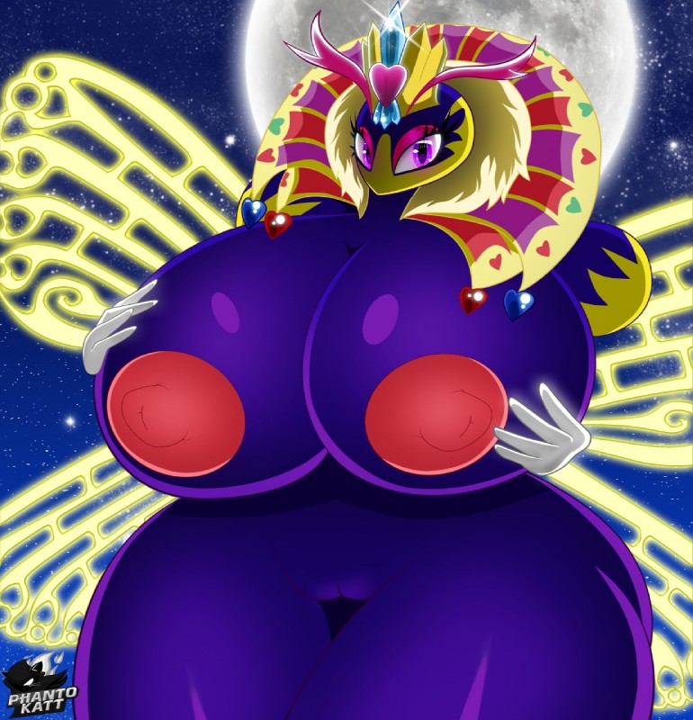 anthro areola big_breasts breasts female genitals huge_breasts hyper hyper_breasts insect_wings moon nipples non-mammal_breasts pink_areola pink_nipples purple_eyes pussy solo starry_eyes starscape thick_thighs wings phanto-katt kirby_(series) nintendo queen_sectonia arthropod bee hymenopteran insect hi_res