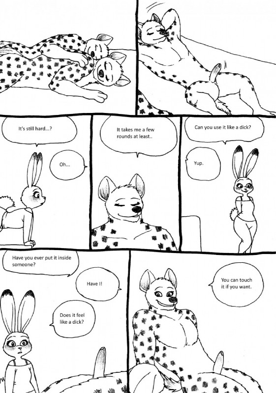 after_sex animal_genitalia anthro blush clothing dialogue female flat_chested genitals group male pseudo-penis text voyeur bernielover disney zootopia becca_(bernielover) fan_character judy_hopps hyena lagomorph leporid mammal rabbit spotted_hyena comic english_text hi_res monochrome