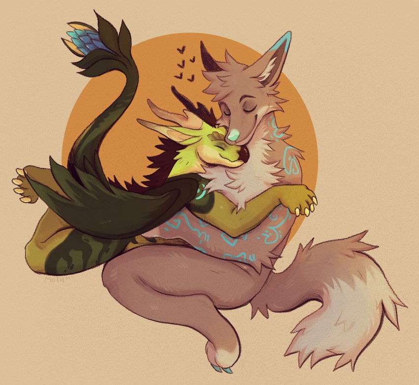 duo fur green_body green_scales grey_body grey_fur horn hug love male male/male scales sitting tail wings moth_sprout mythology paiku radruler canid canine dragon fennec_fox fox mammal mythological_creature mythological_scalie reptile scalie true_fox hi_res