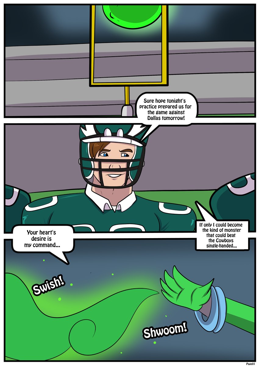 american_football armor clothed clothing dialogue disembodied_hand duo fully_clothed goalpost green_moon headgear helmet magic male moon night not_furry_focus smile sport text rex_equinox nfl philadelphia_eagles pheagle genie human humanoid mammal absurd_res comic english_text hi_res