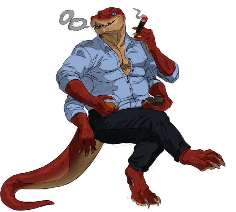 4_arms 4_pecs anthro beverage bottomwear cigar clothed clothing container cup holding_cigar holding_container holding_cup holding_object invisible_chair male multi_arm multi_limb multi_pecs open_clothing open_shirt open_topwear pants pecs shirt sitting smoking solo tail thick_tail topwear intricatevision crius reptile scalie snake hi_res