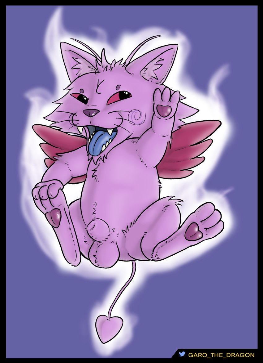 animal_genitalia anthro balls blue_tongue fangs fluffy genitals gesture holding_feet looking_away male navel open_mouth pawpads paws purple_body raised_paw red_eyes red_wings sheath solo tail teeth tongue waving waving_at_viewer whiskers wings garo_(artist) hunter_x_hunter toritaten felid mammal nen_creature absurd_res hi_res