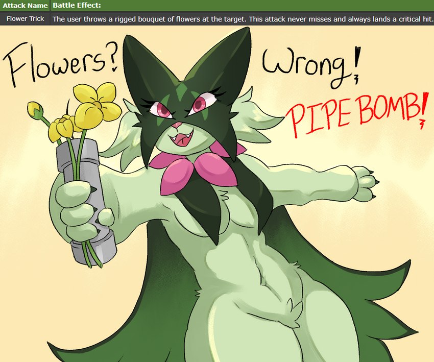 4_fingers anthro bomb breasts cape clothing crotch_tuft cute_fangs explosives fangs featureless_crotch female fingers flower fur green_body green_fur holding_bomb holding_object holding_weapon mask medium_breasts midriff navel open_mouth petals pipe_bomb plant red_eyes simple_background smile solo standing teeth text thick_thighs tuft weapon wide_hips petrovolt nintendo pokemon felid feline generation_9_pokemon mammal meowscarada pokemon_(species) 2022 digital_media_(artwork) english_text hi_res meme