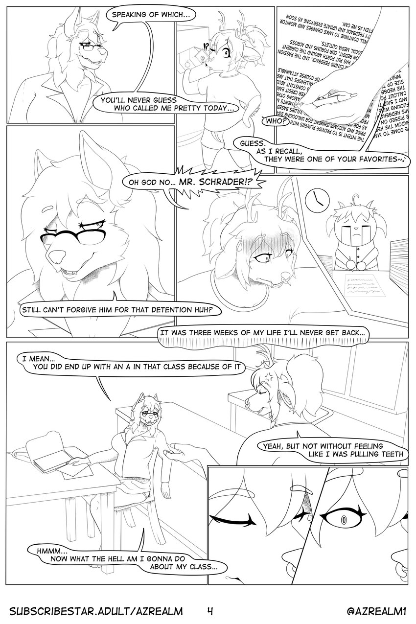 anthro antlers bottomwear chibi clothing detention dialogue duo emote eyewear facial_piercing female glasses homework horn juice_(beverage) kitchen male male/female manga_style nose_piercing orange_juice piercing skirt speech_bubble tail teacher text underwear azrealm1 azrealm canid canine canis deer domestic_dog husky mammal nordic_sled_dog spitz absurd_res comic english_text hi_res monochrome incest_(lore)