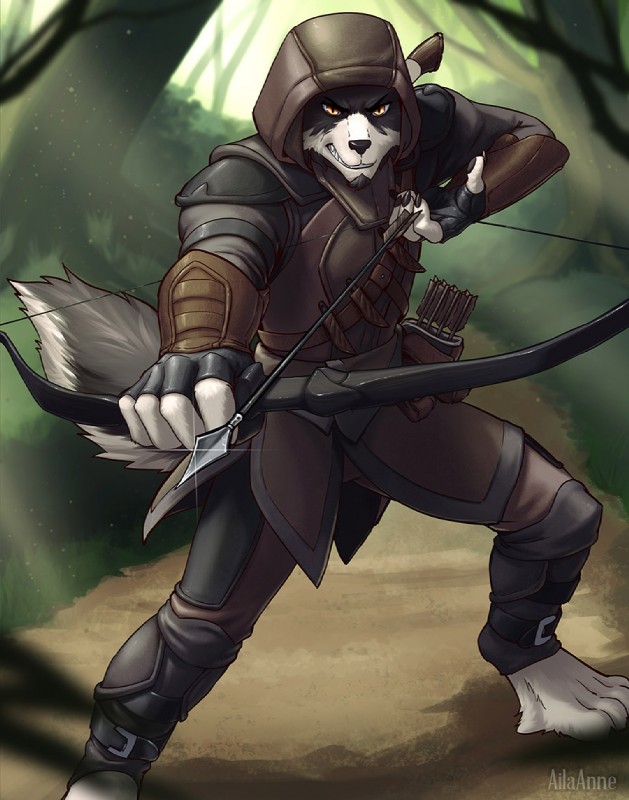 angry anthro arrow_glint bow_(weapon) clothed clothing cocked_bow forest glint holding_bow_(weapon) holding_object holding_ranged_weapon holding_weapon hood leather male orange_eyes plant ranged_weapon solo standing teeth tree weapon ailaanne canid canine canis mammal wolf