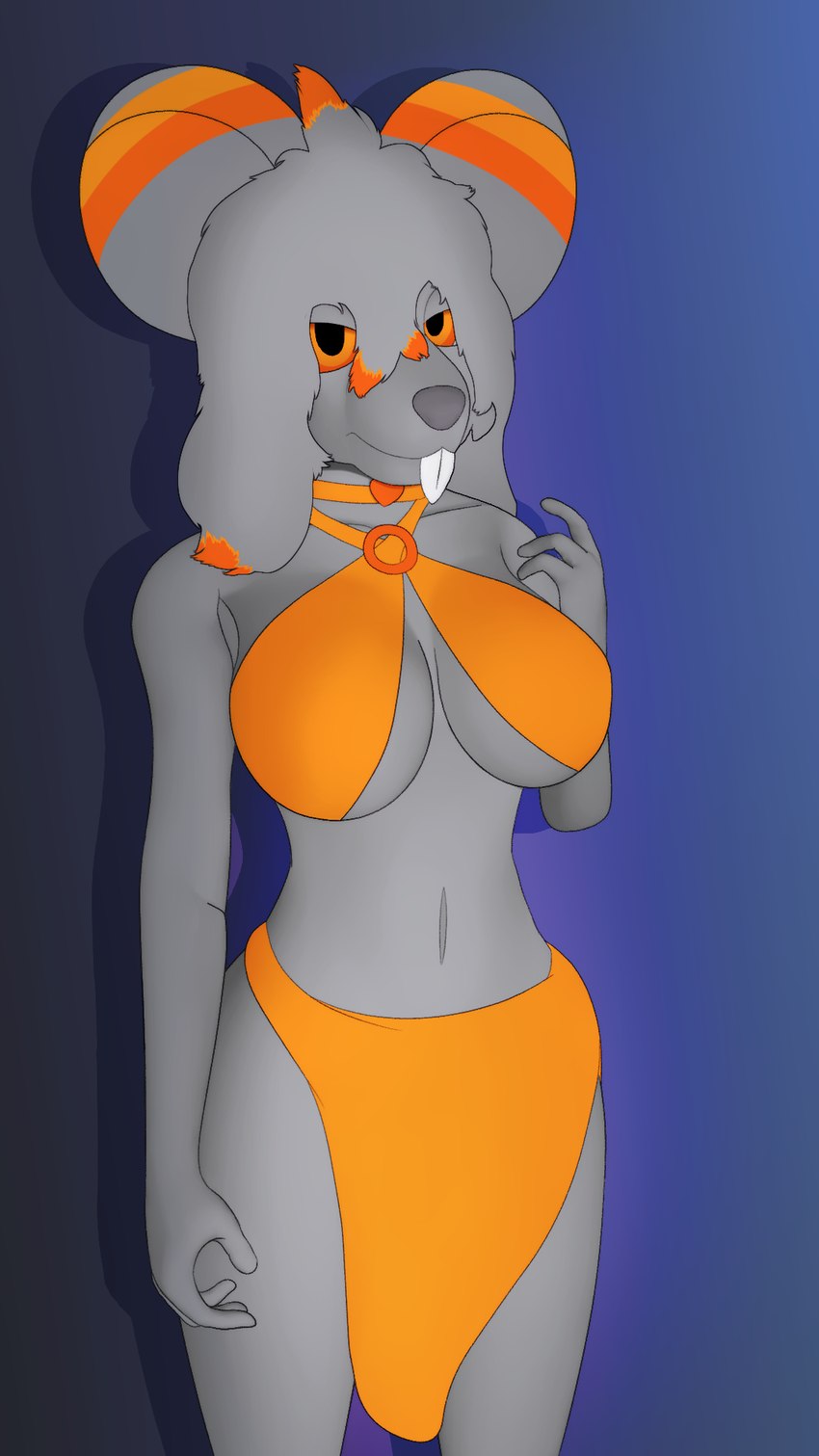 anthro big_breasts bottomwear bra breasts buckteeth clothing female fur grey_body grey_fur hair orange_bottomwear orange_bra orange_clothing orange_eyes orange_sarong orange_underwear sarong sling_bra solo teeth under_boob underwear conditional_dnp gusta gusty_(gusta) chinchilla chinchillid mammal rodent 9:16 hi_res