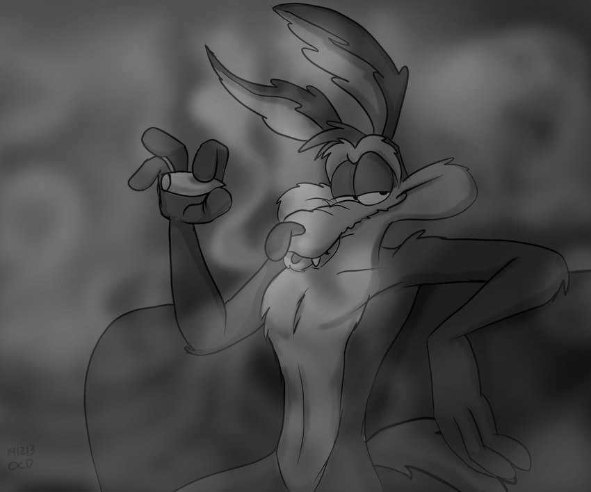 4_fingers abstract_background anthro arm_tuft athletic biped black_eyes blowing_smoke casual_nudity chest_tuft chin_tuft cigar cigarette claws collarbone countershade_torso countershading ears_front elbow_tuft facial_tuft fangs finger_claws fingers fur furniture glance grin grinning_at_viewer head_tuft holding_cigar holding_cigarette holding_object humanoid_hands inside looking_at_viewer male multicolored_body multicolored_fur nude open_mouth pecs pose ribs shoulder_tuft sitting skinny smile smiling_at_viewer smirk smirking_at_viewer smoke smoking smoking_cigar smoking_cigarette smug smug_expression smug_eyes smug_face smug_grin sofa solo teeth torso tuft two_tone_body two_tone_fur wavy_mouth wavy_smile stevethedragon looney_tunes warner_brothers wile_e._coyote canid canine canis coyote mammal 2019 6:5 dated detailed digital_drawing_(artwork) digital_media_(artwork) greyscale half-length_portrait monochrome pinup portrait shaded signature