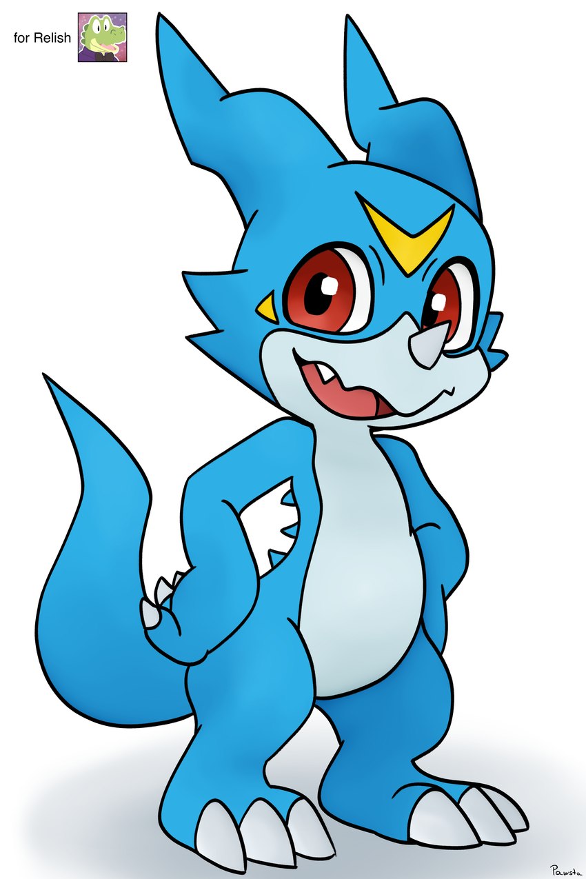 anthro blue_body blue_scales claws horn male markings red_eyes scales small_horn solo tail teeth conditional_dnp pawsta bandai_namco digimon digimon_(species) scalie veemon 2:3 absurd_res hi_res