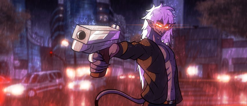 amazing_background athletic athletic_male blurred_background bottomwear car city cityscape claws clothed clothing denim denim_bottomwear denim_clothing detailed_background glowing glowing_eyes gun hair handgun humanoid_pointy_ears jeans lens_flare long_hair looking_at_viewer male night pants pistol pointy_ears pupils purple_body raining ranged_weapon slit_pupils solo tail ultrawide vehicle weapon white_hair kimero_kat frank_fathih demon humanoid absurd_res cel_shading detailed hi_res shaded