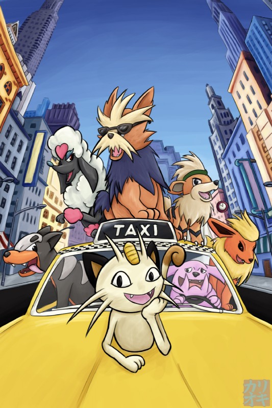 ambiguous_gender city clock commercial_vehicle detailed_background female feral group looking_at_viewer nude open_mouth outside parody paws public_transportation sky taxicab tongue vehicle vehicle_for_hire kariohki disney nintendo oliver_and_company pokemon canid canine eeveelution felid flareon furfrou generation_1_pokemon generation_2_pokemon generation_5_pokemon generation_6_pokemon granbull growlithe heart_trim_furfrou herdier houndour mammal meowth pokemon_(species) 2014 2:3 crossover hi_res