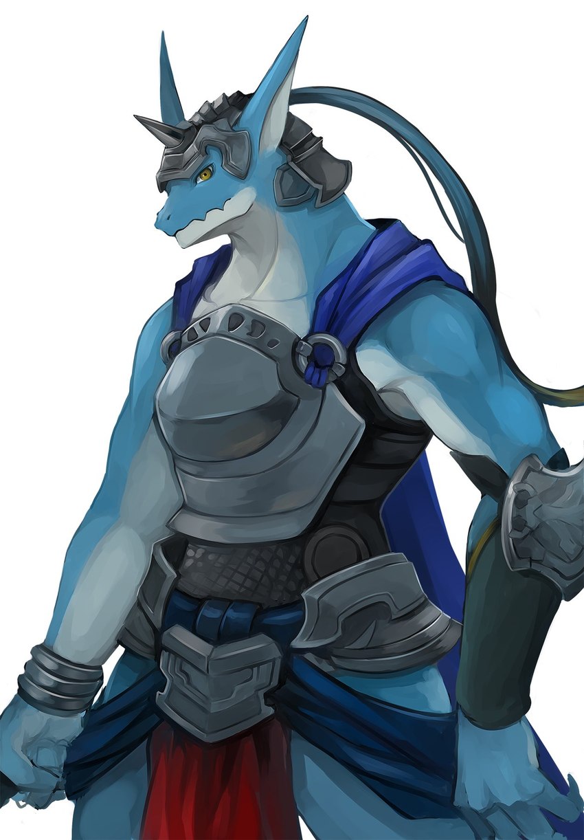 anthro armor blue_body blue_cloak blue_clothing blue_ears bottomwear cloak clothing headgear helmet loincloth male multicolored_body red_bottomwear red_clothing red_loincloth simple_background solo spiked_armor spiked_helmet spikes standing white_body yellow_eyes chimo205 evertale ga'luga lizard reptile scalie sziviik hi_res