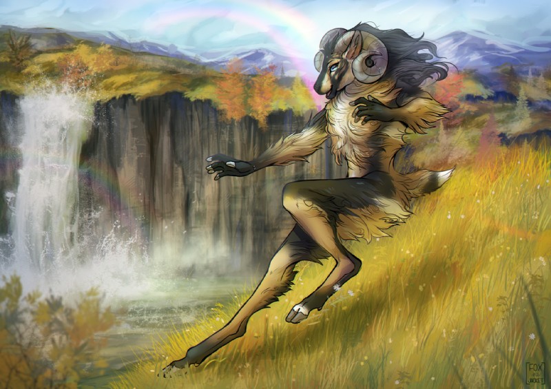 5_fingers action_pose anthro barefoot biped black_body black_fur black_hair black_tail blue_eyes breasts brown_body brown_fur brown_hooves brown_tail casual_nudity chest_tuft cliff cloud cloven_hooves curved_horn day depth_of_field detailed_background dipstick_tail ears_back evergreen_tree eyebrows facial_markings feet female field fingers flower fluffy fluffy_tail fur galloping gloves_(marking) grass grey_hooves grey_horn hair happy head_markings hooved_fingers hooves horizontal_pupils horn humanoid_hands inner_ear_fluff jumping lake leaf long_hair looking_aside looking_at_viewer markings mountain multicolored_body multicolored_fur multicolored_tail naturally_censored nature nipple_tuft nude on_one_leg open_mouth open_smile outside pine_tree pink_tongue pivoted_ears plant pose pupils rainbow rainbow_arch running short_tail shrub side_view sky slim small_breasts small_waist smile snout snow solo standing tail tail_markings tongue tree tuft water waterfall white_body white_fur white_tail white_tail_tip foxinajacket rosfridur_(stormi) bovid caprine domestic_sheep icelandic_sheep mammal sheep 2017 detailed digital_drawing_(artwork) digital_media_(artwork) signature