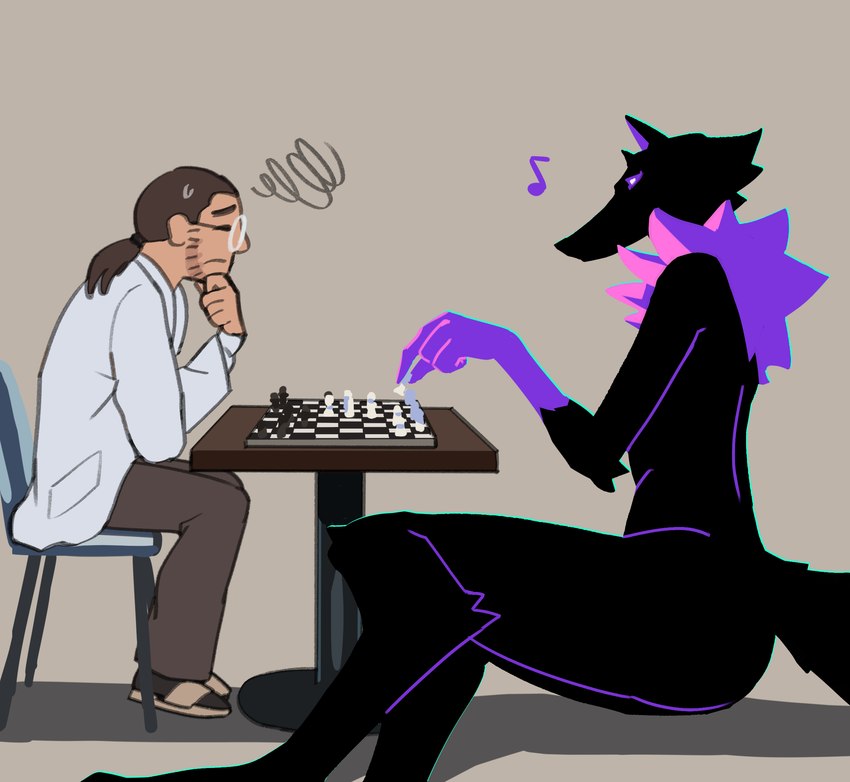 anthro black_body black_fur chess clothed clothing duo female fur male musical_note musical_symbol neck_tuft nude purple_body purple_fur purple_sclera size_difference symbol tail tuft el-k fen_(el-k) alien human mammal hi_res