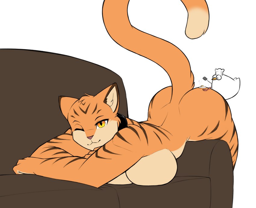 amber_eyes ambiguous_gender anthro ass_up bacon bent_over big_breasts big_butt black_collar breast_squish breasts brown_sofa butt cheek_tuft chef_hat closed_smile clothing collar convenient_power cooking countershade_face countershade_torso countershading crossed_arms curvy_figure dipstick_tail duo eyebrows facial_tuft female feral food fried_egg fur furniture glistening glistening_eyes hat head_tuft headgear headwear hourglass_figure huge_breasts inner_ear_fluff looking_at_viewer lying_on_sofa markings meat mouth_closed multicolored_body multicolored_fur nude on_sofa one_eye_closed orange_body orange_fur pink_nose raised_eyebrows raised_tail rump_roast seductive simple_background smile sofa solo_focus spatula squish stripes tail tail_markings tan_body tan_countershading tools tuft white_background wide_hipped_anthro wide_hipped_female wide_hips wink winking_at_viewer hexteknik wild_(ionic44) avian bird chicken felid galliform gallus_(genus) mammal pantherine phasianid tiger digital_media_(artwork) hi_res