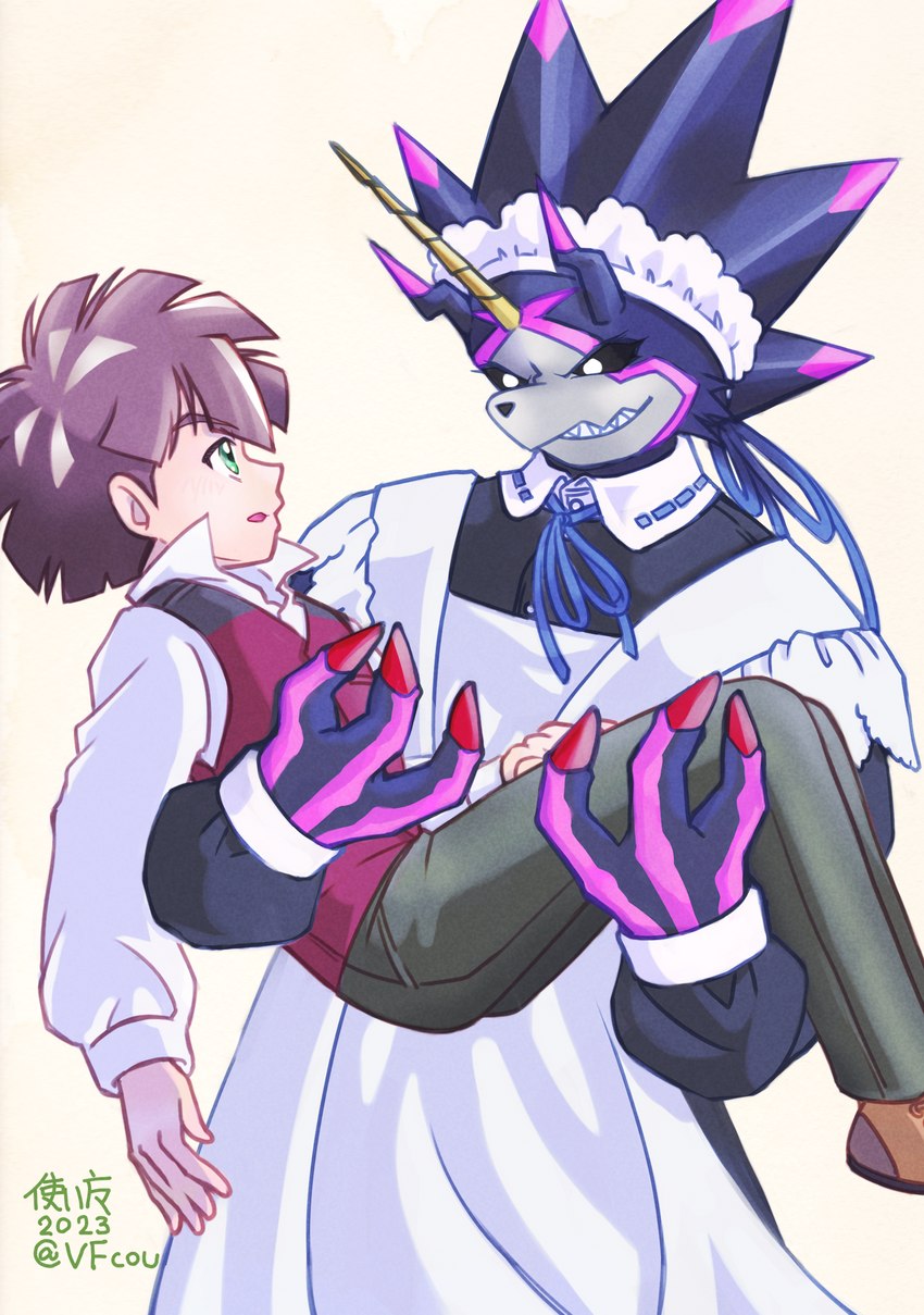 anthro black_body blush bridal_carry brown_hair carrying_another clothed clothing crossdressing dress duo embarrassed grin hair male male/male smile suit wedding_dress wedding_veil vfcou bandai_namco digimon digimon_ghost_game hiro_amanokawa digimon_(species) gulusgammamon human mammal absurd_res hi_res