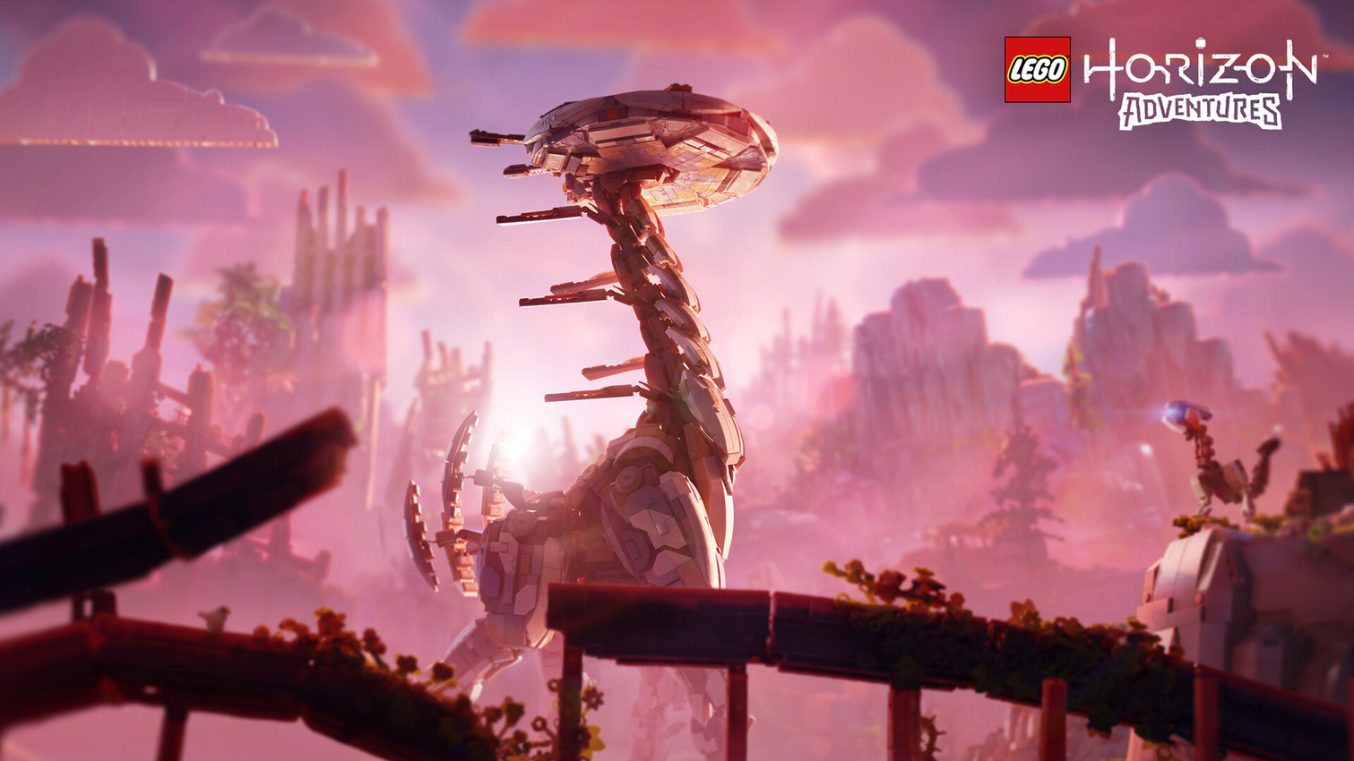 1_eye ambiguous_feral ambiguous_gender black_tail blue_sclera cloud duo empty_eyes evening evergreen_tree extreme_size_difference feral flower glowing glowing_eyes grey_body larger_ambiguous larger_feral light long_neck looking_at_another machine metallic_body mountain mouthless multicolored_body noseless outside pine_tree plant quadruped ruins size_difference smaller_ambiguous smaller_feral standing sunlight tail text title tree walking white_body yellow_flower gael_chauvet horizon_(series) lego sony_corporation sony_interactive_entertainment robot robot_feral tallneck watcher_(horizon) 16:9 2025 3d_(artwork) adobe_photoshop_(artwork) autodesk_maya_(artwork) colored crossover digital_media_(artwork) english_description english_text hi_res lighting official_art shaded widescreen