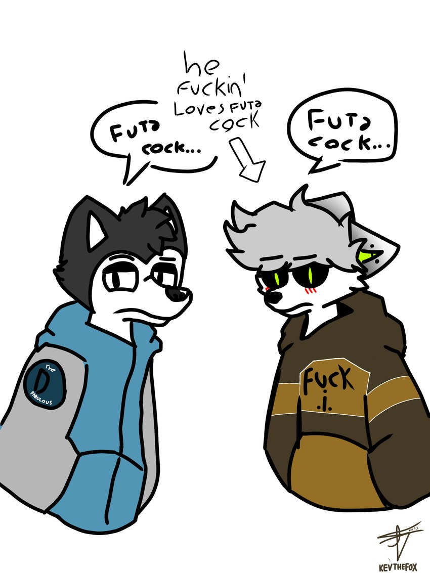 anthro appreciation black_body black_eyes black_fur black_hair black_nose black_sclera blush clothing dialogue disapproval duo ear_piercing eyebrows fur grey_hair hair hand_in_pocket looking_at_viewer male male/male piercing pockets profanity raised_eyebrow talking_to_viewer text white_body white_fur kevthefox diego_(kevthefox) kev_(kevthefox) arctic_fox canid canine canis domestic_dog fox husky mammal nordic_sled_dog spitz true_fox 3:4 absurd_res english_text hi_res