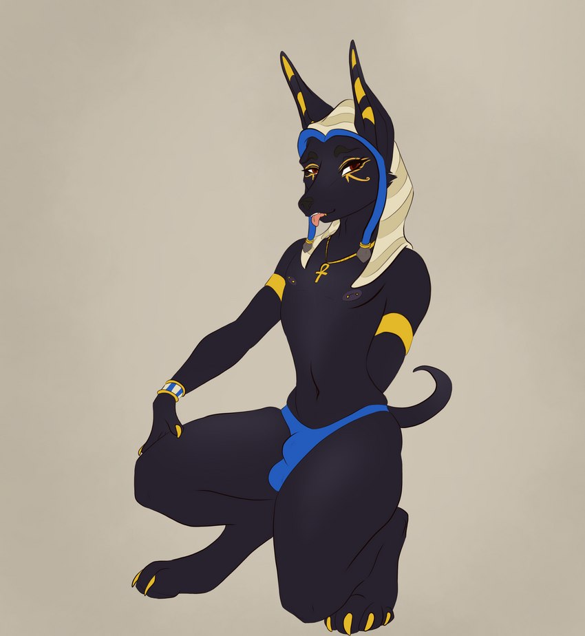 ankh anthro blue_clothing blue_underwear bracelet brown_eyes bulge claws clothing detailed_bulge gold_(metal) gold_claws gold_makeup gold_markings jewelry looking_away male markings nipple_piercing nipples piercing sitting solo thong tongue tongue_out underwear monsters_and_mutants egyptian_mythology middle_eastern_mythology mythology anubis anubian_jackal canid canine canis deity jackal mammal absurd_res hi_res