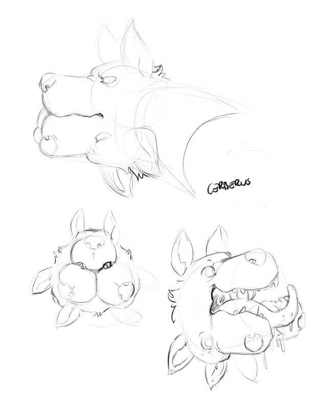 3_heads conjoined multi_ear multi_eye multi_head multi_mouth multifur min_(artist) preppyartskunk european_mythology greek_mythology mythology canid canid_demon canine cerberus demon hellhound mammal mythological_canine mythological_creature absurd_res hi_res line_art monochrome sketch