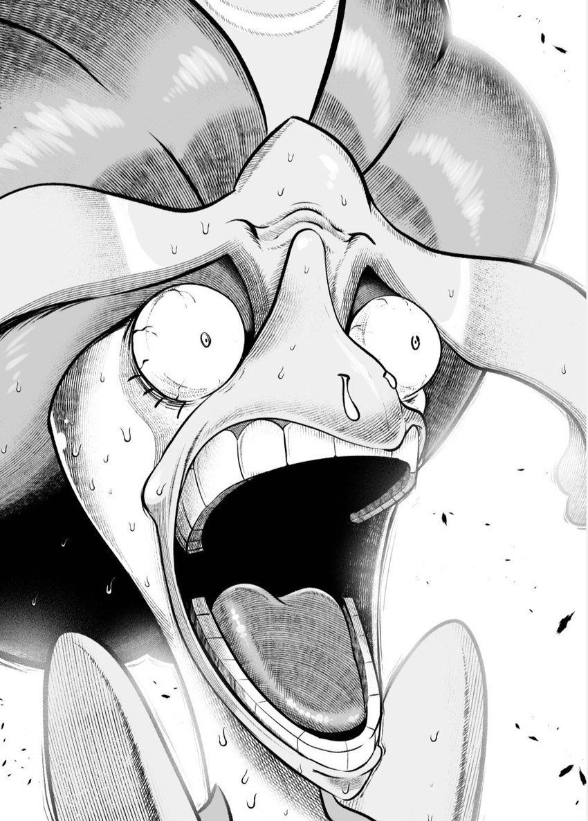 ambiguous_gender anthro beak bodily_fluids eyes_popping_out gaping_mouth hair humor open_mouth runny_nose shocked solo surprise surprised_expression sweat teeth kicktyan enel_shocked_face nintendo one_piece pokemon enel generation_9_pokemon pokemon_(species) quaquaval better_version_at_paywall cropped greyscale hi_res meme monochrome reaction_image