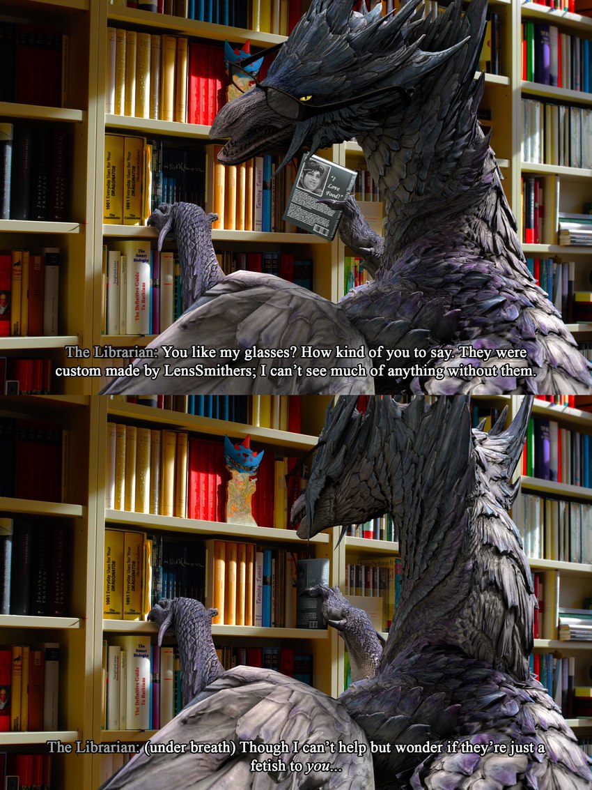 book detailed_background dialogue eyewear female feral glasses horn library looking_at_viewer looking_back offscreen_character scales talking_feral talking_to_viewer text white_body wings yellow_eyes library_velk_anon capcom monster_hunter mythology dragon elder_dragon mythological_creature mythological_scalie scalie velkhana 3:4 3d_(artwork) absurd_res comic digital_media_(artwork) english_text hi_res subtitled