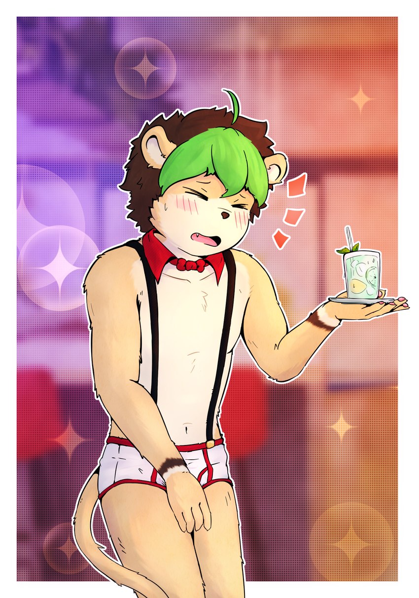 anthro blush blush_lines cafe clothed clothing embarrassed male server solo underwear underwear_only luce_bontemps felid feline lion mammal pantherine hi_res