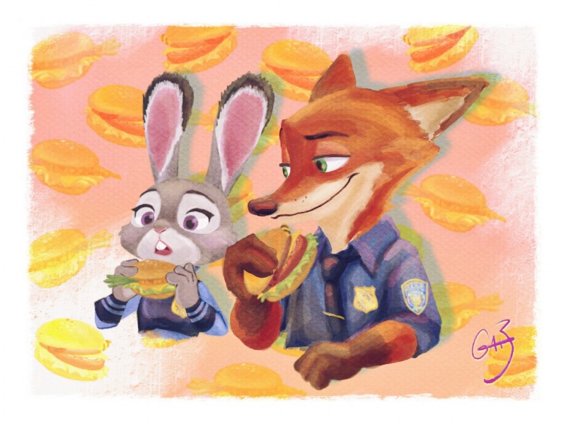 anthro clothed clothing duo female fur green_eyes male police police_uniform purple_eyes uniform gagaga_08 disney zootopia judy_hopps nick_wilde canid canine fox lagomorph leporid mammal rabbit 2017 4:3 hi_res