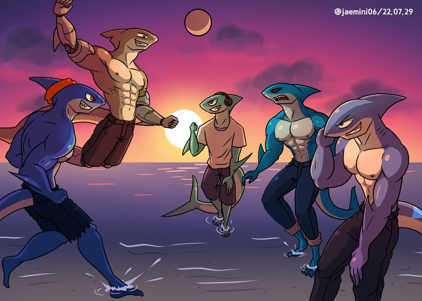 anthro beach beach_volleyball bottomwear clothed clothing group male male/male muscular muscular_anthro muscular_male pants pants_only seaside sunset topless topless_anthro topless_male alkan kashiver minta_(alkan) norman_(alkan) rova_(alkan) teron_(alkan) fish marine shark absurd_res hi_res