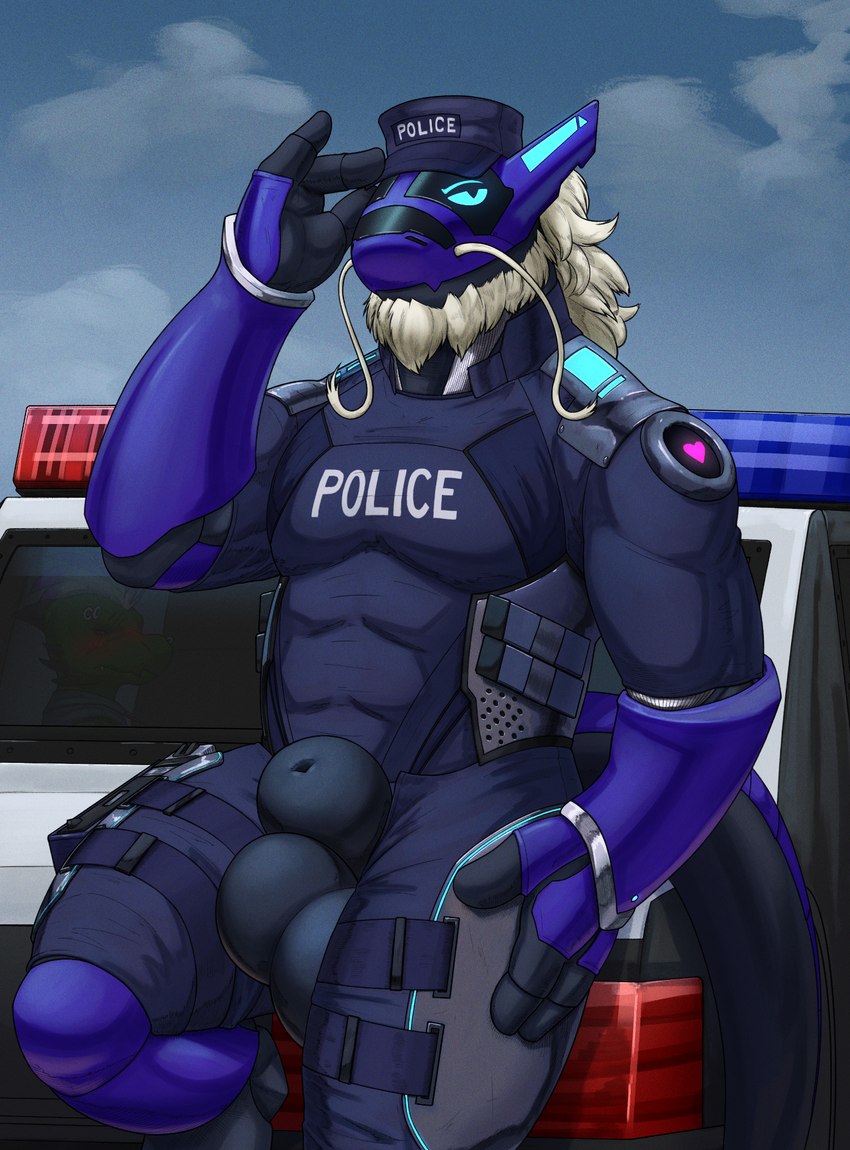 animal_genitalia anthro balls big_balls car clothed clothing genitals gun hair handgun looking_at_another looking_at_viewer machine male motor_vehicle muscular muscular_anthro muscular_male piercing police police_car police_uniform police_vehicle ranged_weapon ring_piercing sheath solo tail tipping_hat topwear uniform vehicle weapon tall_lizzard_(artist) mythology dragon eastern_dragon kobold mythological_creature mythological_scalie robot scalie synth_(vader-san) digital_media_(artwork) hi_res