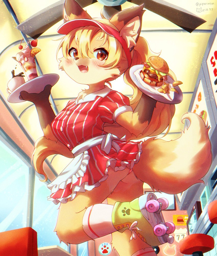 alternative_fashion anthro apron bacon bangs blonde_hair body_fur burger butt cheek_tuft cheese cherry chromatic_aberration clothed clothing container cup cute_fangs dairy_products diner dipstick_tail dress facial_tuft fangs female food footwear fruit fur furniture gloves_(marking) hair hat headgear headwear holding_object j-fashion kemono lolita_(fashion) looking_at_viewer markings meat open_mouth orange_(fruit) panties parfait_(dessert) pattern_clothing pattern_dress plant plate ponytail quad_skates red_clothing red_dress red_eyes restaurant roller_skates short_dress socks solo stool strawberry striped_clothing striped_dress stripes tail tail_markings tea_cup teeth tuft underwear uniform visor_cap waiter wedgie window yellow_body yellow_fur piporinton canid canine fox mammal hi_res