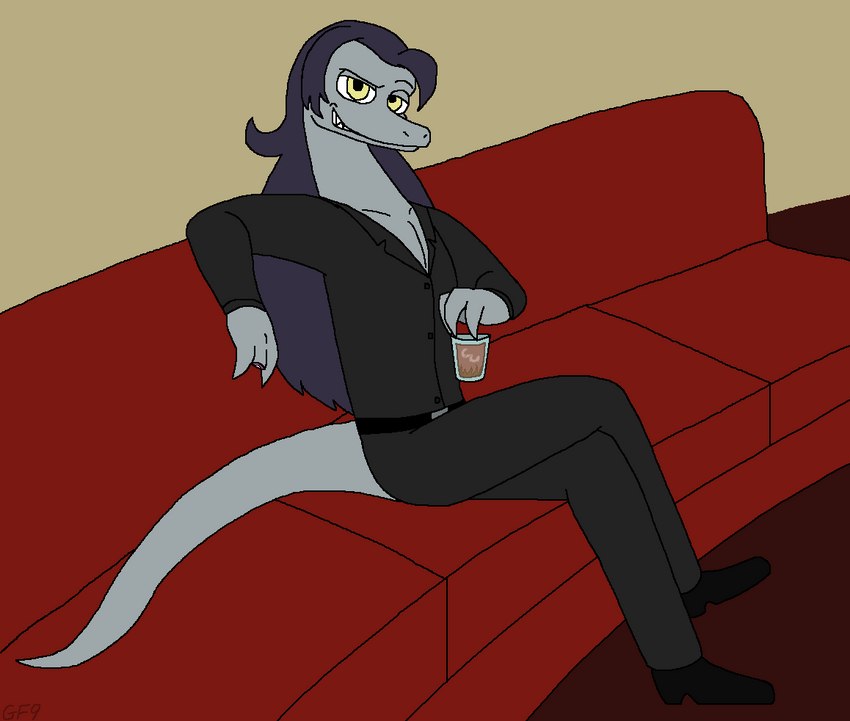 anthro bent_legs beverage clothed clothing crossed_legs furniture grey_body hair leg_over_thigh looking_at_viewer male missing_finger sitting smile sofa solo yellow_eyes grovylefangirl1997 disney star_vs._the_forces_of_evil toffee_(svtfoe) lizard reptile scalie