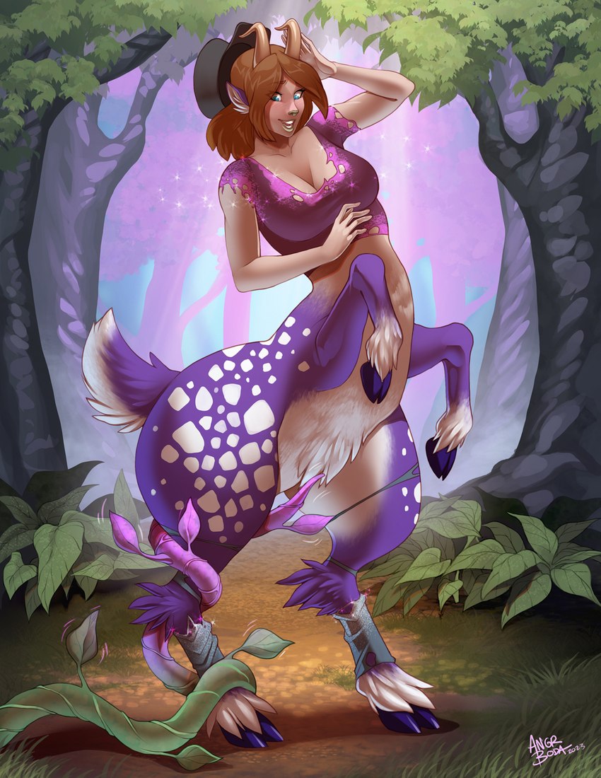 blue_eyes breasts brown_hair clothing fantasy female forest forest_background fur hair hat headgear headwear hooves nature nature_background on_hind_legs plant purple_body purple_fur solo split_form transformation tree vines angrboda european_mythology greek_mythology mythology deer deer_taur humanoid_taur mammal mammal_taur taur hi_res