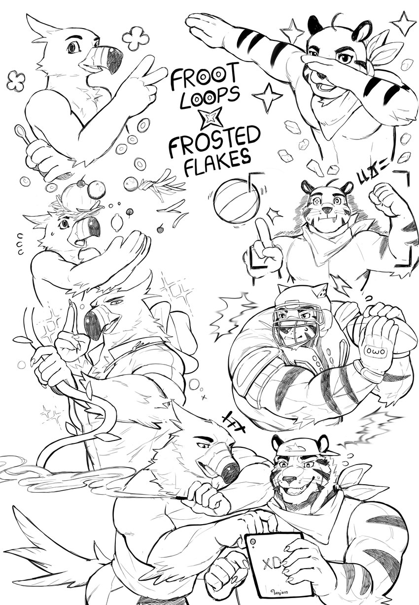 5_fingers american_football anthro beak claws dabbing duo eyebrows fingers male mascot muscular muscular_anthro muscular_male solo sport taetae froot_loops frosted_flakes kellogg's tony_the_tiger toucan_sam avian bird felid mammal pantherine tiger toucan absurd_res hi_res meme monochrome