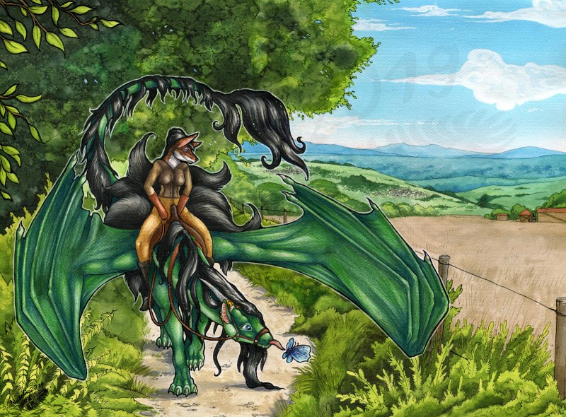 ambiguous_gender anthro black_hair blue_eyes clothed clothing day detailed_background ear_piercing ear_ring female grass green_body green_skin group hair membrane_(anatomy) membranous_wings outside piercing plant ring_piercing sky smile tail tail_tuft tuft wings natoli european_mythology mythology sedyana sierra_(sierraex) canid canine dragon fox mammal mythological_creature mythological_scalie scalie western_dragon 2019 digital_media_(artwork) hi_res traditional_media_(artwork)