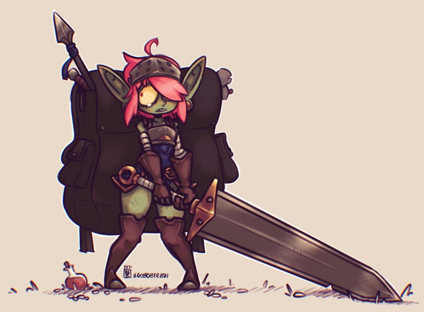 armor backpack boots bottomwear clothed clothing ear_piercing female fingers footwear frown gauged_ear gloves greatsword green_body green_skin hair handwear headgear helmet high_heeled_boots high_heels holding_object holding_weapon humanoid_pointy_ears legwear long_sword looking_back melee_weapon not_furry open_mouth piercing pink_hair polearm potion_bottle red_eyes shirt shoes simple_background solo spear standing sword teary_eyes teeth thigh_boots thigh_highs topwear weapon yellow_sclera uri_(artist) goblin humanoid mammal 2021 artist_name digital_media_(artwork) hi_res