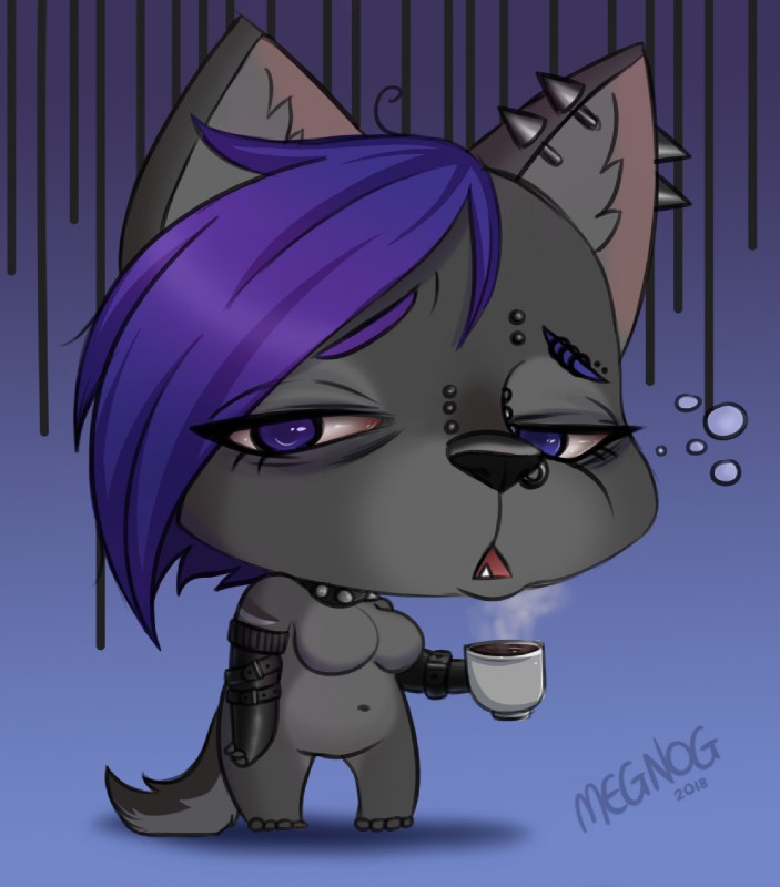 beverage chibi coffee container cup ear_piercing eyebrow_piercing facial_piercing female frown furgonomics furry-specific_piercing industrial_piercing muzzle_piercing nose_piercing nose_ring piercing ring_piercing solo tired megnog koon_roogus canid canine canis jackal mammal hi_res